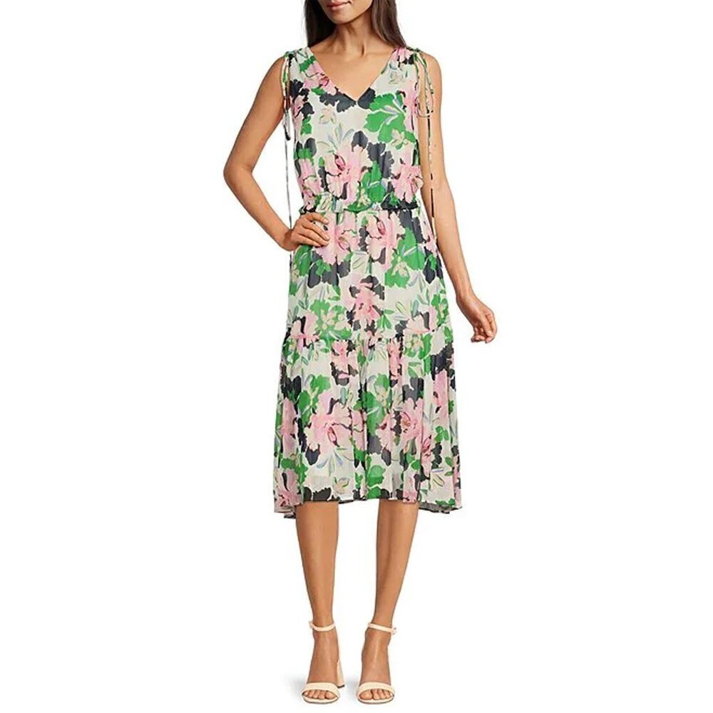 Tommy Hilfiger Green Pink Floral Chiffon Cinched Tie Shoulder Midi Dress V Neck